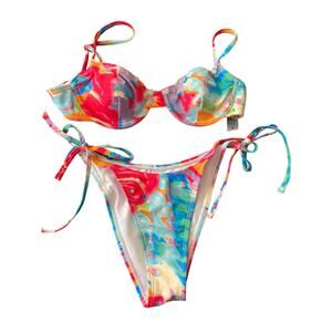Watercolor String Bikini Size XS Hi Cut Padded Multi Color Red Green Blue New